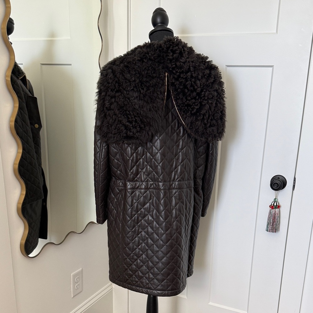 Michael Kors Collection Quilted Hooded Leather Coat in Dark Brown - Picture 3 of 7